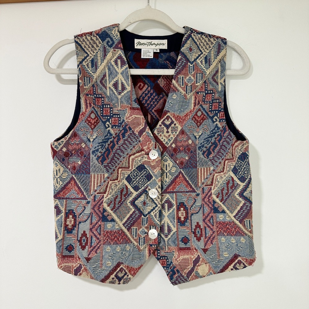 Norm Thompson Tapestry Vest Womens S Blue Red Geometric Woven Button Front